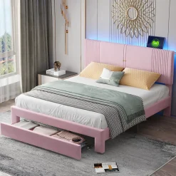 Okwish Lit avec Rangement 160x200 cm - Lit Capitonné Double Adulte avec Bande Lumineuse, Port USB et Tiroir - Rose Discount