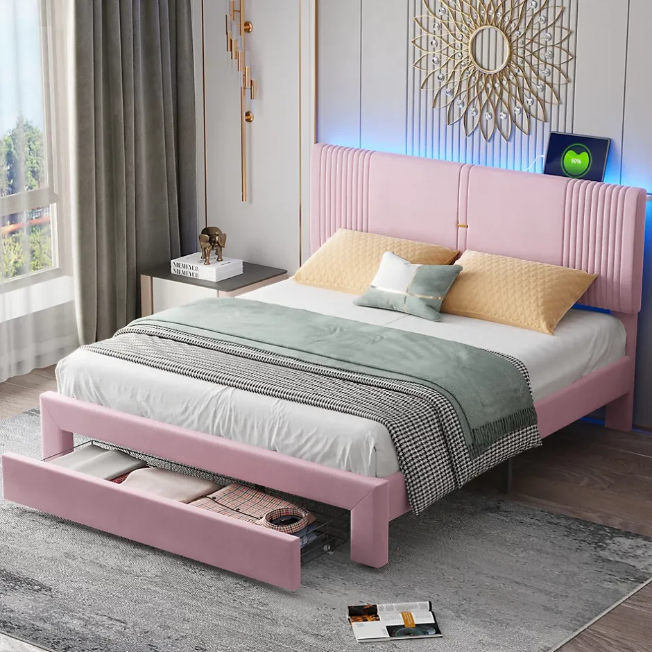 Okwish Lit avec Rangement 160x200 cm - Lit Capitonné Double Adulte avec Bande Lumineuse, Port USB et Tiroir - Rose Discount