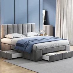 Okwish Lit avec rangement 140x200 cm - Lit Double Capitonné avec 4 Tiroirs - Velours - Sans Matelas - Gris
