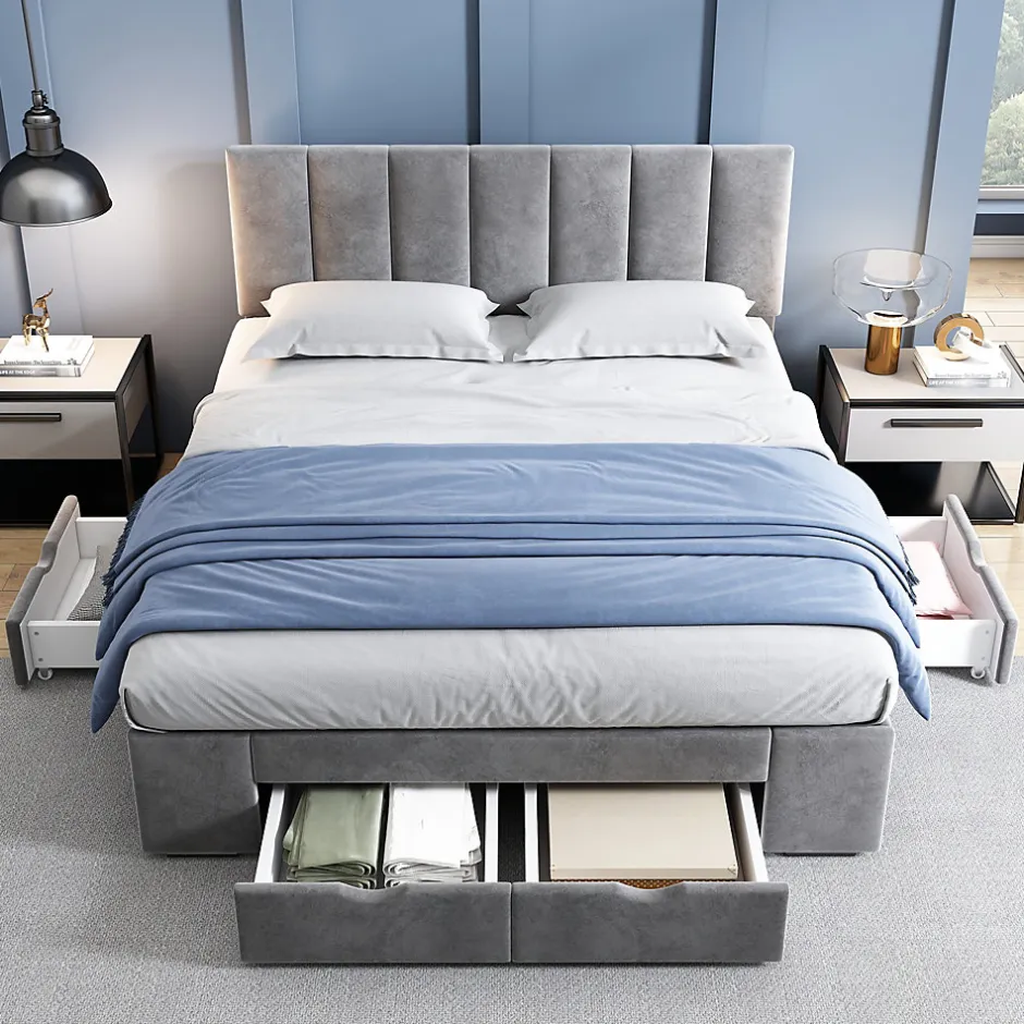 Okwish Lit avec rangement 140x200 cm - Lit Double Capitonné avec 4 Tiroirs - Velours - Sans Matelas - Gris