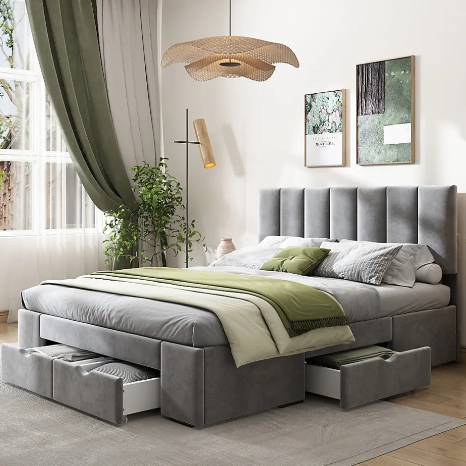 Okwish Lit avec rangement 140x200 cm - Lit Double Capitonné avec 4 Tiroirs - Velours - Sans Matelas - Gris