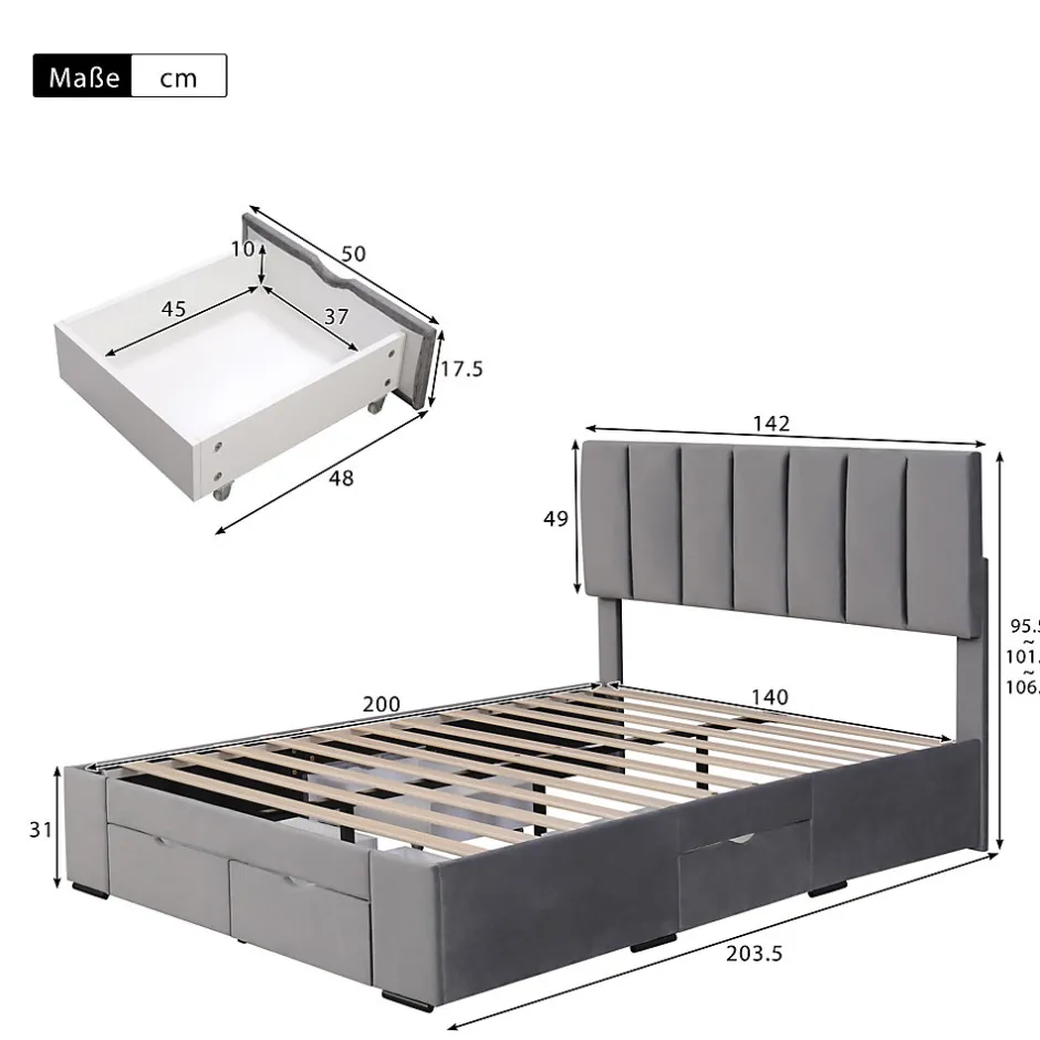 Okwish Lit avec rangement 140x200 cm - Lit Double Capitonné avec 4 Tiroirs - Velours - Sans Matelas - Gris