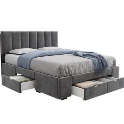 Okwish Lit avec rangement 140x200 cm - Lit Double Capitonné avec 4 Tiroirs - Velours - Sans Matelas - Gris