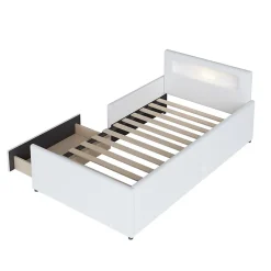 Okwish Lit avec rangement 90x200 cm - Lit enfant capitonné avec veilleuse et port USB - Similicuir - Sans matelas - Blanc