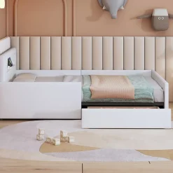 Okwish Lit avec rangement 90x200 cm - Lit enfant capitonné avec veilleuse et port USB - Similicuir - Sans matelas - Blanc
