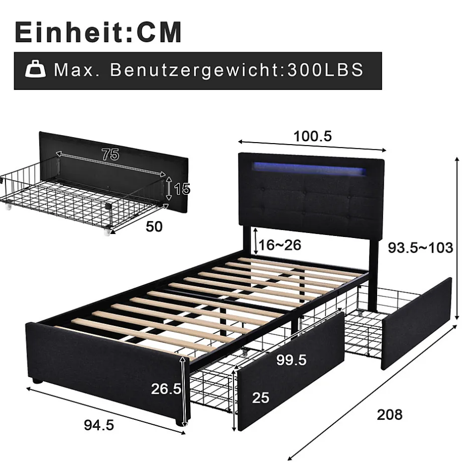 Okwish Lit avec rangement 90x200 cm - Lit simple capitonné avec LED et 2 tiroirs - Bois massif + Lin + Métal - Sans Matelas - Noir New