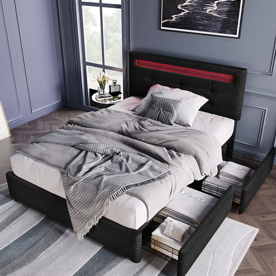 Okwish Lit avec rangement 90x200 cm - Lit simple capitonné avec LED et 2 tiroirs - Bois massif + Lin + Métal - Sans Matelas - Noir New