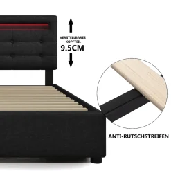 Okwish Lit avec rangement 90x200 cm - Lit simple capitonné avec LED et 2 tiroirs - Bois massif + Lin + Métal - Sans Matelas - Noir New