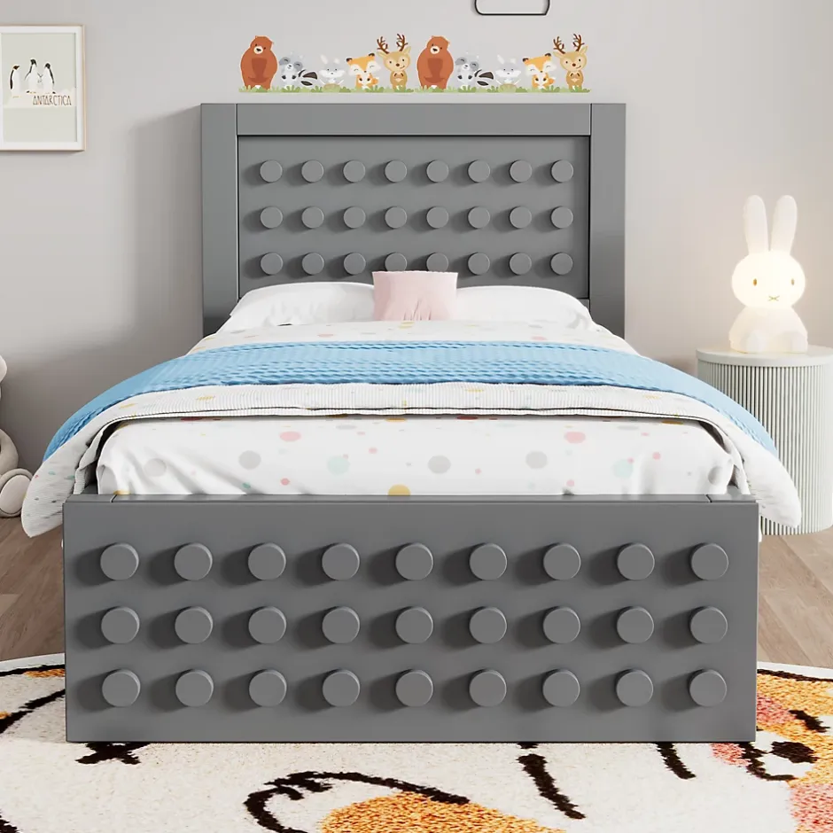 Okwish Lit avec rangement 90x200 cm - Lit simple avec tiroirs intégrés et design créatif - en MDF et bois massif - Gris - Sans matelas Sale