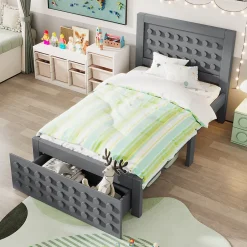Okwish Lit avec rangement 90x200 cm - Lit simple avec tiroirs intégrés et design créatif - en MDF et bois massif - Gris - Sans matelas Sale