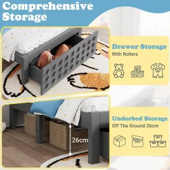 Okwish Lit avec rangement 90x200 cm - Lit simple avec tiroirs intégrés et design créatif - en MDF et bois massif - Gris - Sans matelas Sale