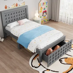 Okwish Lit avec rangement 90x200 cm - Lit simple avec tiroirs intégrés et design créatif - en MDF et bois massif - Gris - Sans matelas Sale