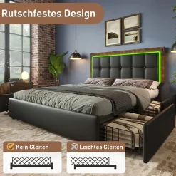 Okwish Lit avec Rangement 160x200 cm - Lit Double Capitonné avec 4 Tiroirs, Bandeau LED et Tête Réglable, Sans Matelas, PU, Noir