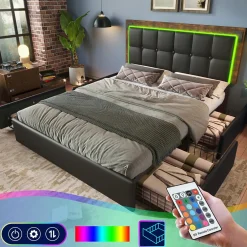Okwish Lit avec Rangement 160x200 cm - Lit Double Capitonné avec 4 Tiroirs, Bandeau LED et Tête Réglable, Sans Matelas, PU, Noir