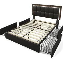 Okwish Lit avec Rangement 160x200 cm - Lit Double Capitonné avec 4 Tiroirs, Bandeau LED et Tête Réglable, Sans Matelas, PU, Noir