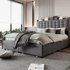Okwish Lit avec Rangement 140x200 cm - Lit Double avec 4 Tiroirs, Port USB et Table de Chevet, Lin, Sans Matelas, Gris