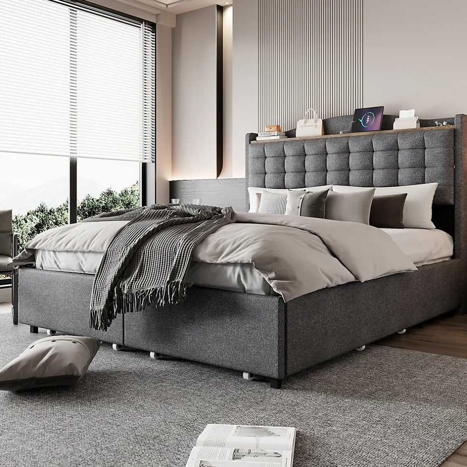 Okwish Lit avec Rangement 140x200 cm - Lit Double avec 4 Tiroirs, Port USB et Table de Chevet, Lin, Sans Matelas, Gris
