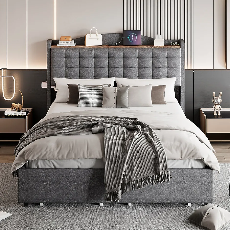 Okwish Lit avec Rangement 140x200 cm - Lit Double avec 4 Tiroirs, Port USB et Table de Chevet, Lin, Sans Matelas, Gris
