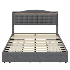 Okwish Lit avec Rangement 140x200 cm - Lit Double avec 4 Tiroirs, Port USB et Table de Chevet, Lin, Sans Matelas, Gris