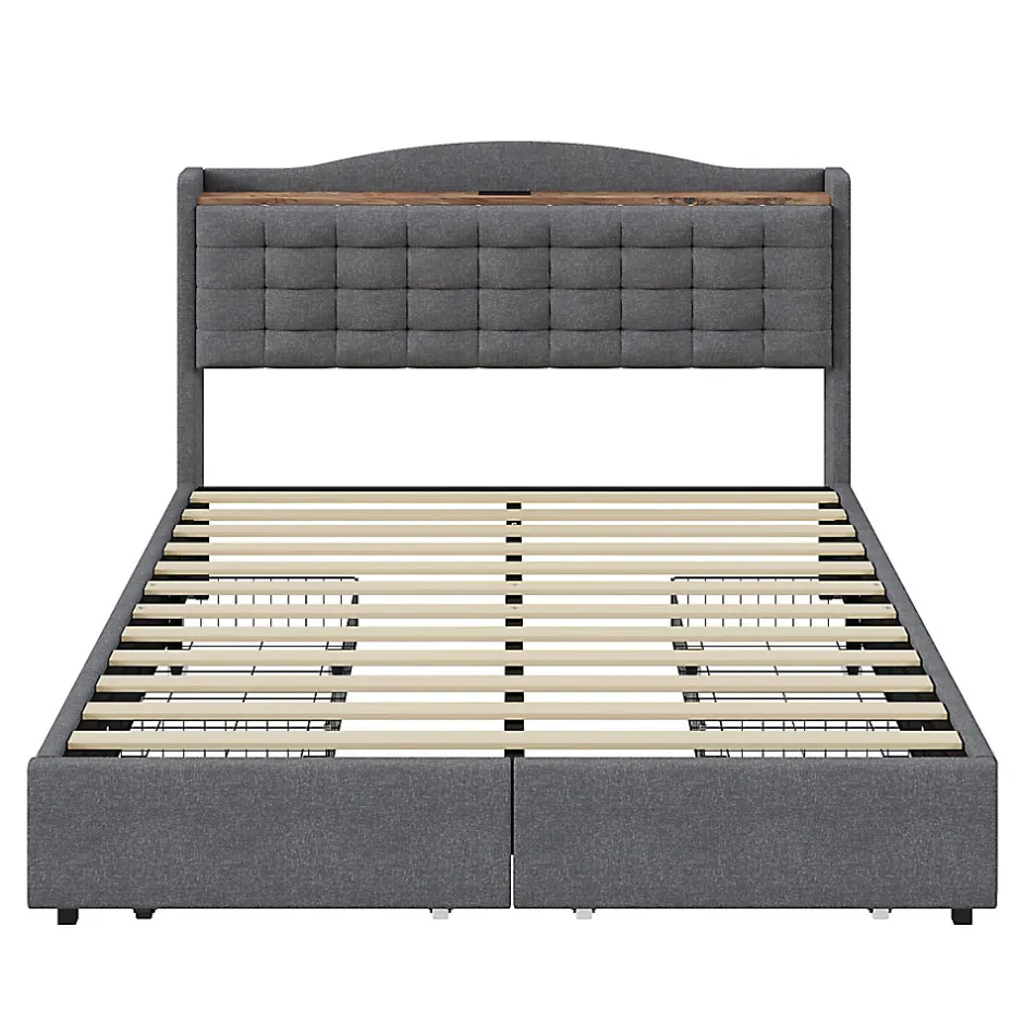 Okwish Lit avec Rangement 140x200 cm - Lit Double avec 4 Tiroirs, Port USB et Table de Chevet, Lin, Sans Matelas, Gris