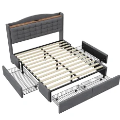 Okwish Lit avec Rangement 140x200 cm - Lit Double avec 4 Tiroirs, Port USB et Table de Chevet, Lin, Sans Matelas, Gris