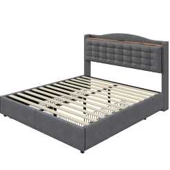 Okwish Lit avec Rangement 140x200 cm - Lit Double avec 4 Tiroirs, Port USB et Table de Chevet, Lin, Sans Matelas, Gris