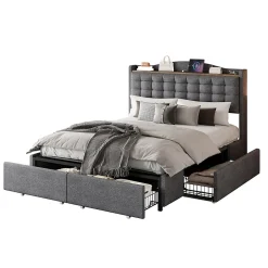Okwish Lit avec Rangement 140x200 cm - Lit Double avec 4 Tiroirs, Port USB et Table de Chevet, Lin, Sans Matelas, Gris