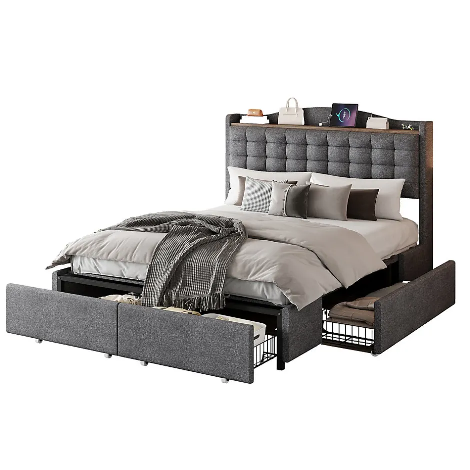 Okwish Lit avec Rangement 140x200 cm - Lit Double avec 4 Tiroirs, Port USB et Table de Chevet, Lin, Sans Matelas, Gris