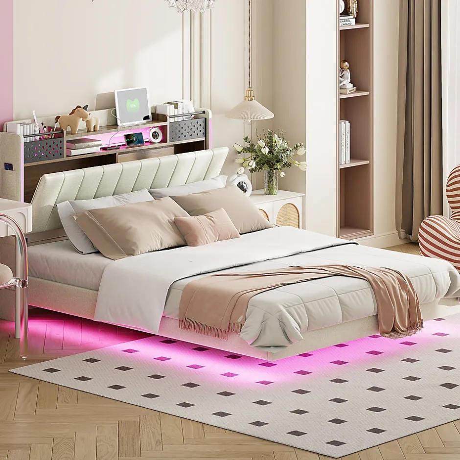 Okwish Lit avec rangement 140x200 cm - Lit double capitonné avec éclairage LED - lin + Métal - Sans matelas - Beige