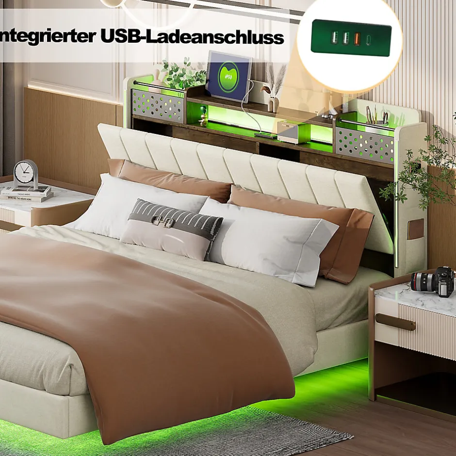 Okwish Lit avec rangement 140x200 cm - Lit double capitonné avec éclairage LED - lin + Métal - Sans matelas - Beige