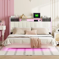 Okwish Lit avec rangement 140x200 cm - Lit double capitonné avec éclairage LED - lin + Métal - Sans matelas - Beige