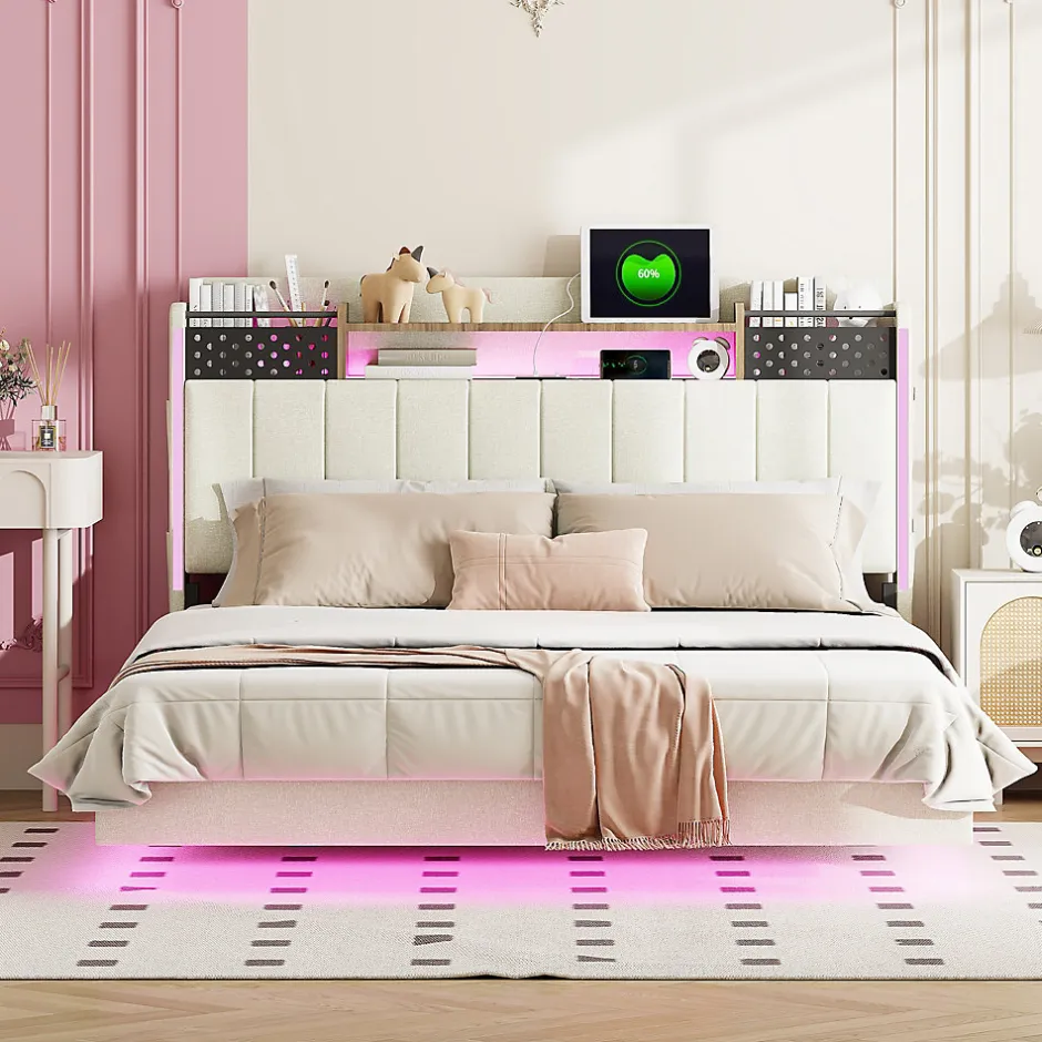 Okwish Lit avec rangement 140x200 cm - Lit double capitonné avec éclairage LED - lin + Métal - Sans matelas - Beige