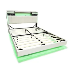 Okwish Lit avec rangement 140x200 cm - Lit double capitonné avec éclairage LED - lin + Métal - Sans matelas - Beige