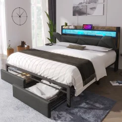 Okwish Lit avec rangement 140x200 cm - Lit double rembourré avec tiroirs et fonction de chargement USB - Lin - Sans Matelas - Gris
