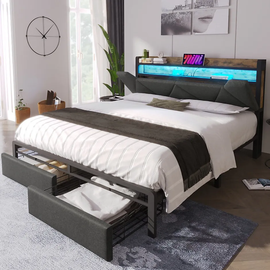 Okwish Lit avec rangement 140x200 cm - Lit double rembourré avec tiroirs et fonction de chargement USB - Lin - Sans Matelas - Gris