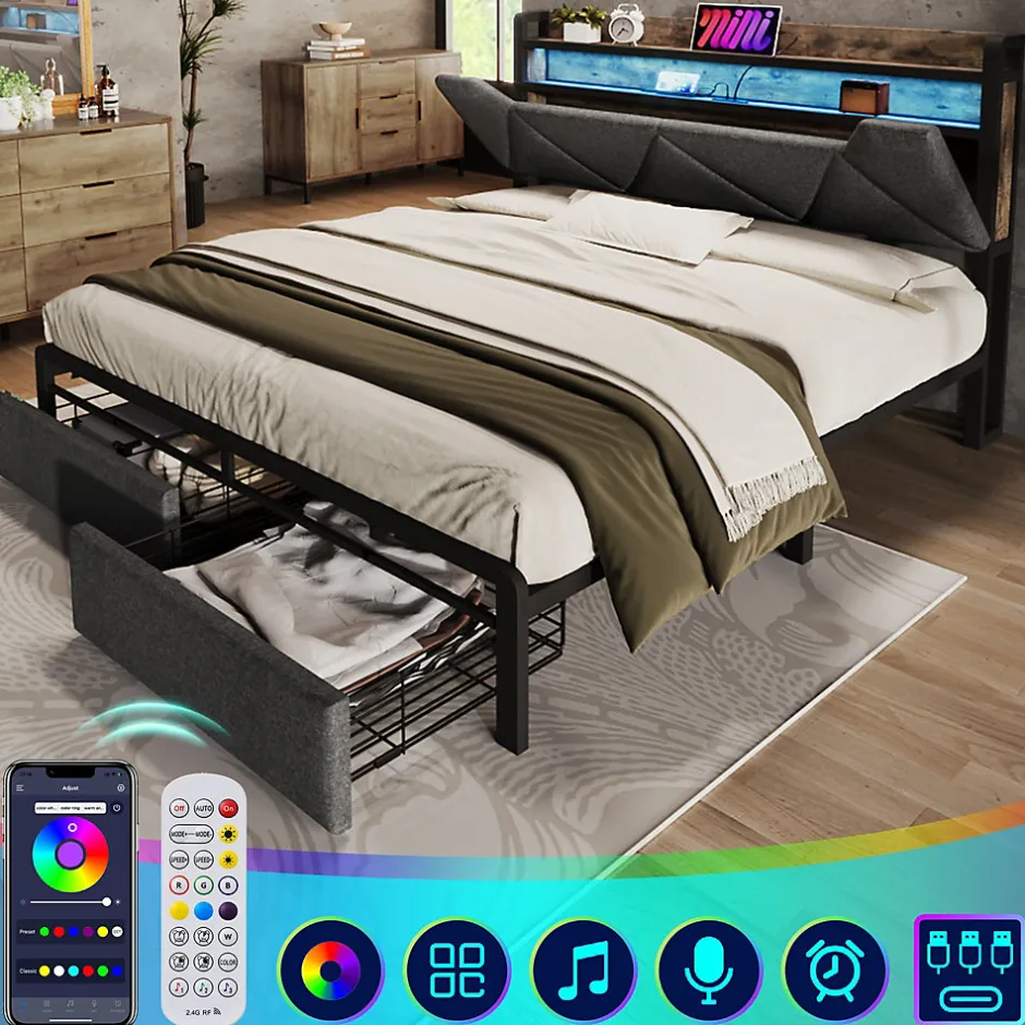 Okwish Lit avec rangement 140x200 cm - Lit double rembourré avec tiroirs et fonction de chargement USB - Lin - Sans Matelas - Gris