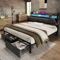 Okwish Lit avec rangement 140x200 cm - Lit double rembourré avec tiroirs et fonction de chargement USB - Lin - Sans Matelas - Gris