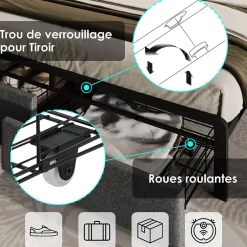 Okwish Lit avec rangement 140x200 cm - Lit double rembourré avec tiroirs et fonction de chargement USB - Lin - Sans Matelas - Gris