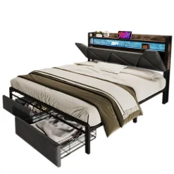 Okwish Lit avec rangement 140x200 cm - Lit double rembourré avec tiroirs et fonction de chargement USB - Lin - Sans Matelas - Gris