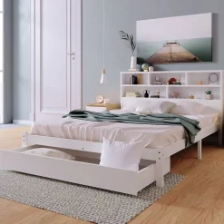 Okwish Lit avec rangement 140x200 cm - Lit double avec tiroirs et tête de lit - Pin massif + MDF - Sans Matelas - Blanc Sale