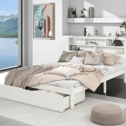Okwish Lit avec rangement 140x200 cm - Lit double avec tiroirs et tête de lit - Pin massif + MDF - Sans Matelas - Blanc Sale