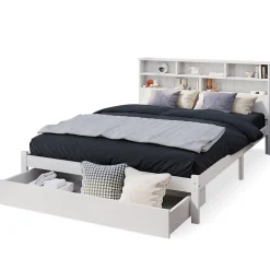 Okwish Lit avec rangement 140x200 cm - Lit double avec tiroirs et tête de lit - Pin massif + MDF - Sans Matelas - Blanc Sale