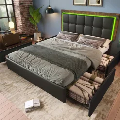 Okwish Lit avec Rangement 140x200 cm - Lit Double Capitonné avec 4 Tiroirs, Bandeau LED et Tête Réglable, Matelas Inclus, PU, Noir Hot