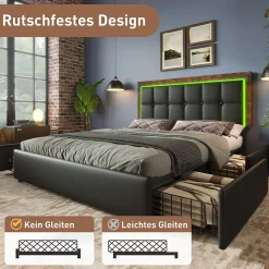 Okwish Lit avec Rangement 140x200 cm - Lit Double Capitonné avec 4 Tiroirs, Bandeau LED et Tête Réglable, Matelas Inclus, PU, Noir Hot