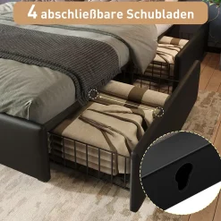 Okwish Lit avec Rangement 140x200 cm - Lit Double Capitonné avec 4 Tiroirs, Bandeau LED et Tête Réglable, Matelas Inclus, PU, Noir Hot