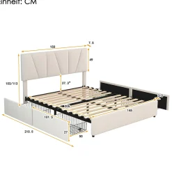 Okwish Lit avec rangement 140x200 cm - Lit rembourré avec tête de lit réglable et 4 tiroirs - Velours - Sans matelas - Beige