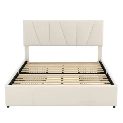 Okwish Lit avec rangement 140x200 cm - Lit rembourré avec tête de lit réglable et 4 tiroirs - Velours - Sans matelas - Beige