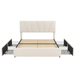 Okwish Lit avec rangement 140x200 cm - Lit rembourré avec tête de lit réglable et 4 tiroirs - Velours - Sans matelas - Beige