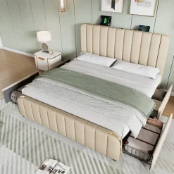 Okwish Lit avec rangement 180x200 cm - Lit double rembourré avec fonction USB Type-C et 4 tiroirs - Lin - Sans Matelas - Beige