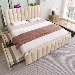 Okwish Lit avec rangement 180x200 cm - Lit double rembourré avec fonction USB Type-C et 4 tiroirs - Lin - Sans Matelas - Beige